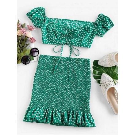 Ditsy Print Flounce Smocked Two Piece Dress