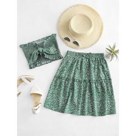 Ditsy Floral Tie Front Smocked Bandeau Top Set