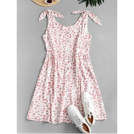 Dalmatian Print Knot Shoulder Button Front Dress