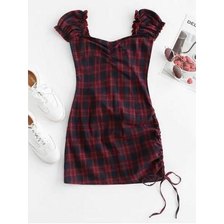 Cinched Side Gathered Plaid Mini Dress