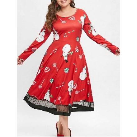 Christmas Plus Size Lollipop Snowman Print Dress